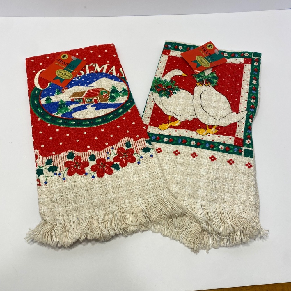 Franco Christmas Classics Kitchen Towels Set 2 Red Cream NEW Vintage Geese